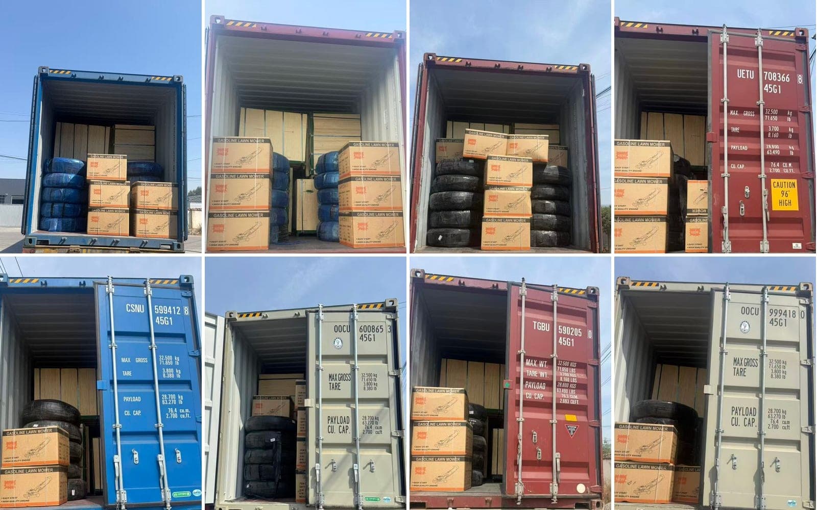 All eight containers, loaded and ready, side by side