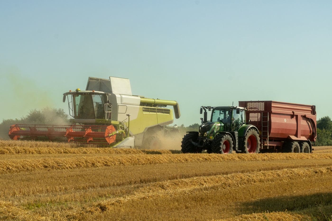 Harvesting machinery at work in a ripe wheat field