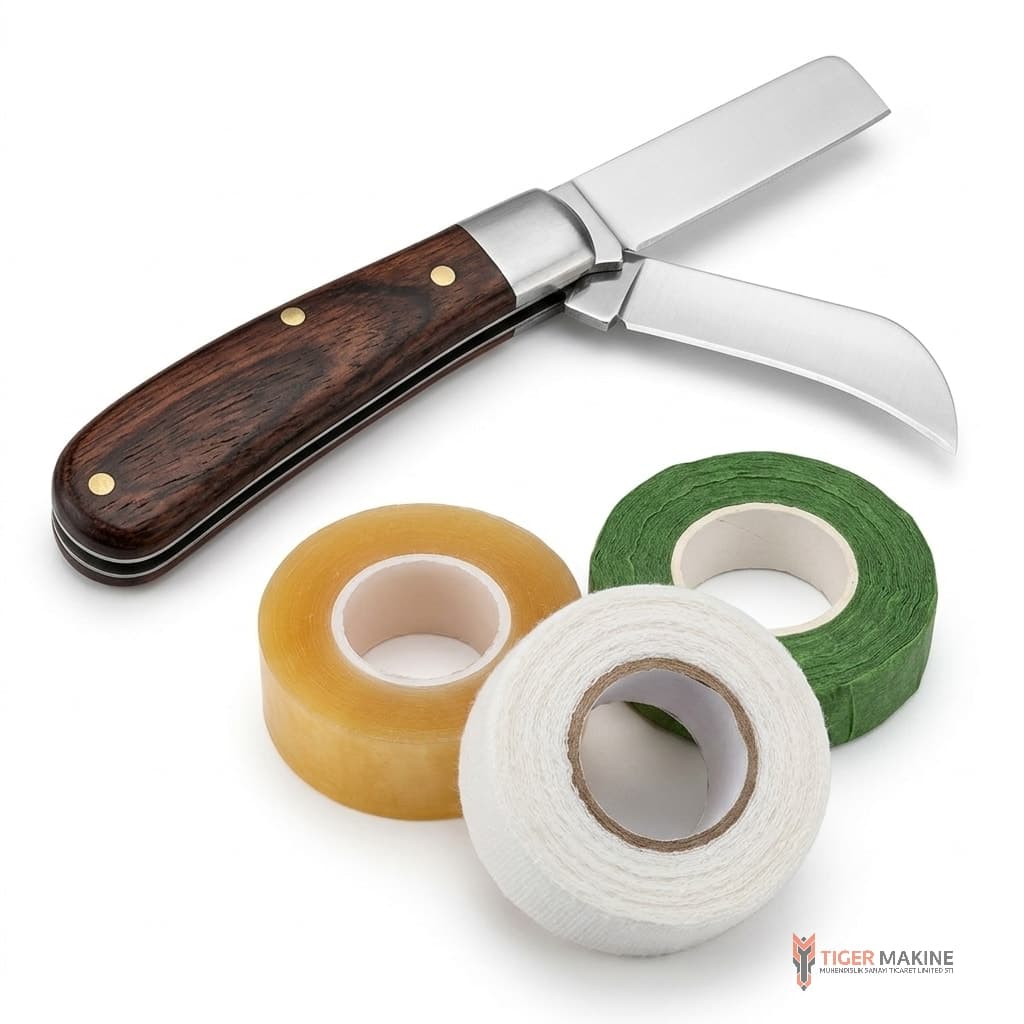 Open folding grafting knife with a wooden handle beside rolls of clear, green and white tape